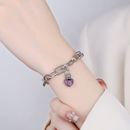 S925 Sterling Silver Bracelet Women's Splicing Multi-element Ins Vintage Crown Love Tag