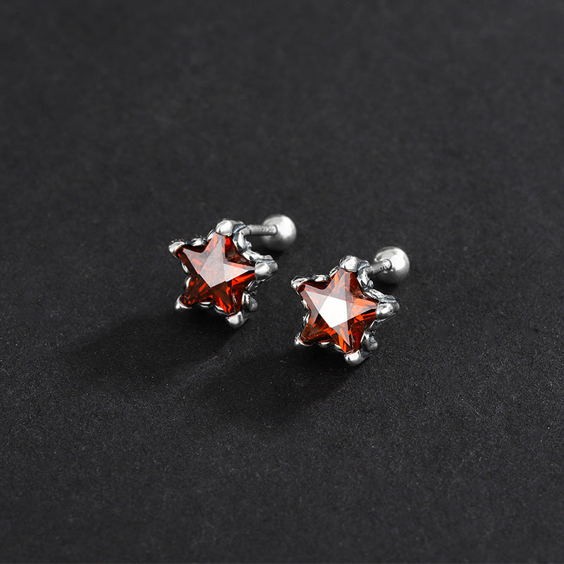 925 Sterling Silver Vintage Distressed Personality Five Point Star Red Diamond Screwed Earrings