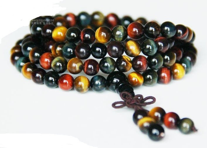 Natural Crystal Red, Yellow, Blue Tigereye 108 Bead Bracelet - Unisex Couple Jewelry