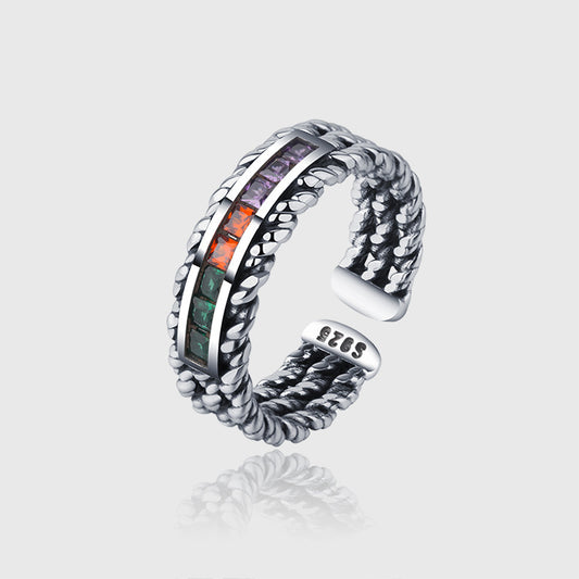 S925 Sterling Silver Vintage Color Zircon Hand Woven Fried Dough Twist Ring