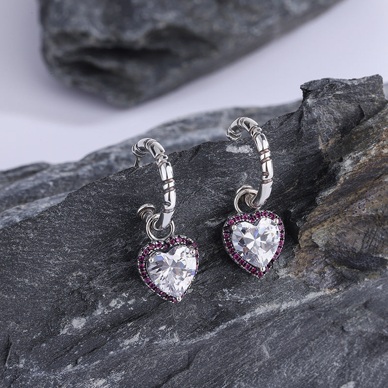 Sterling Silver Peach Heart Set Zircon Personalized Versatile Earrings