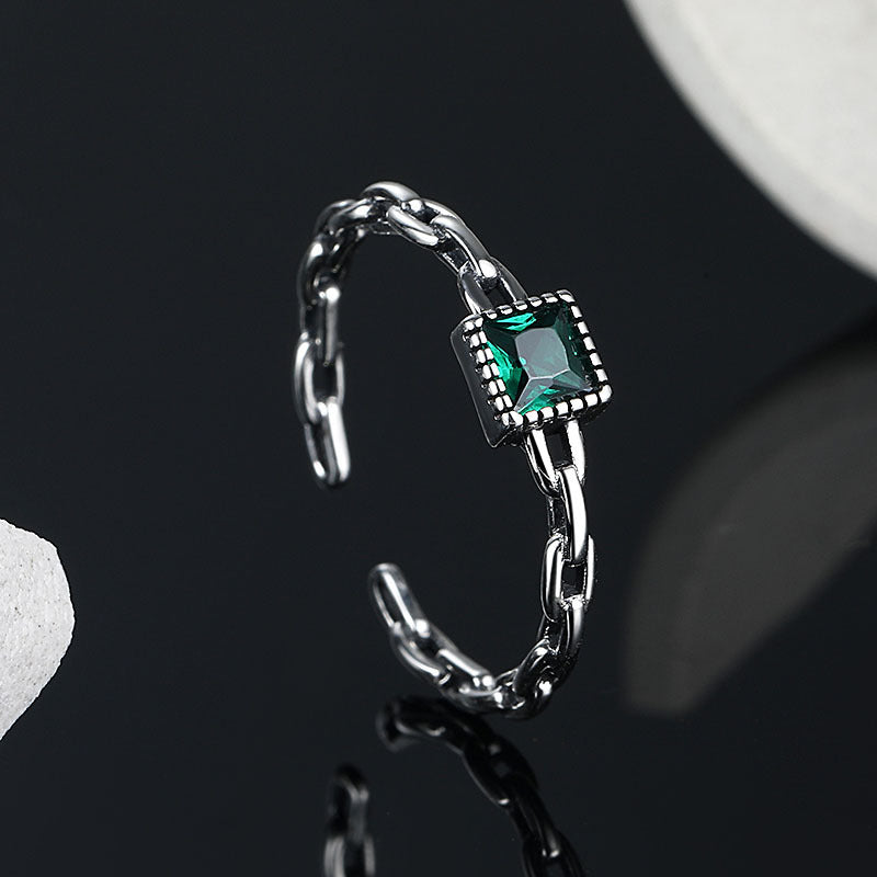 S925 Sterling Silver Emerald Zircon Chain Ring