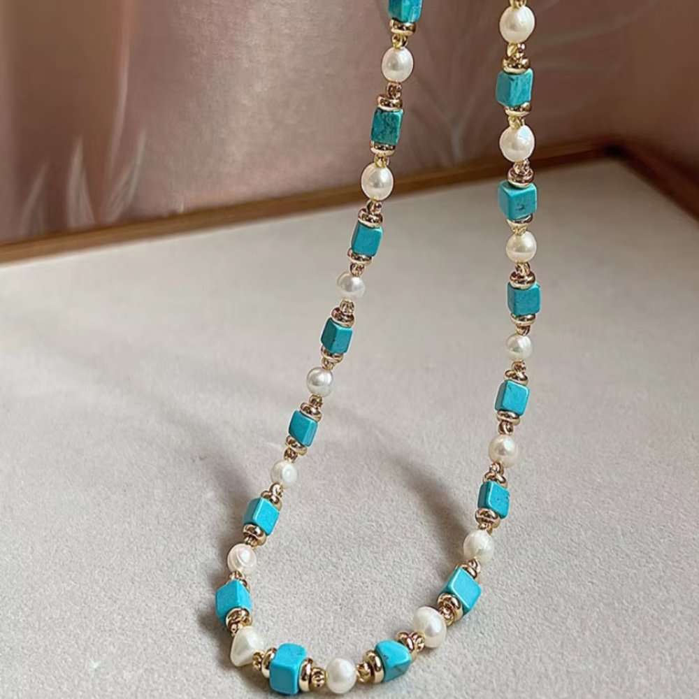 Natural Turquoise Freshwater Pearl Necklace Bracelet Copper Plated 14K Gold Accessories