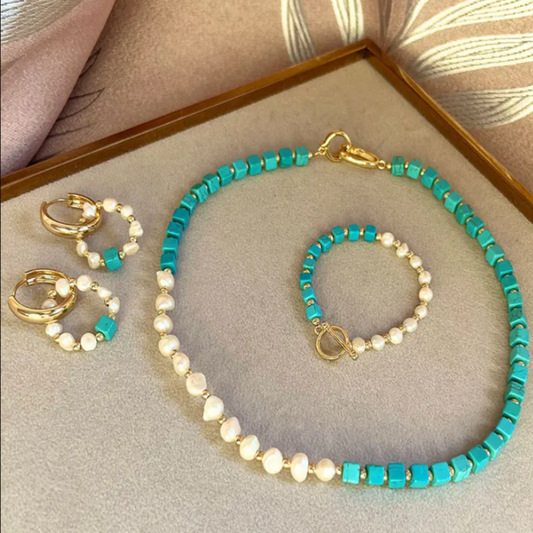 Jewelry Set Natural Freshwater Pearl Blue Turquoise Necklace Bracelet Earrings Copper Plated 14k Gold Accessories Jewelry