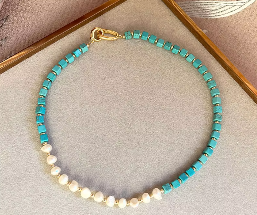 Jewelry Set Natural Freshwater Pearl Blue Turquoise Necklace Bracelet Earrings Copper Plated 14k Gold Accessories Jewelry