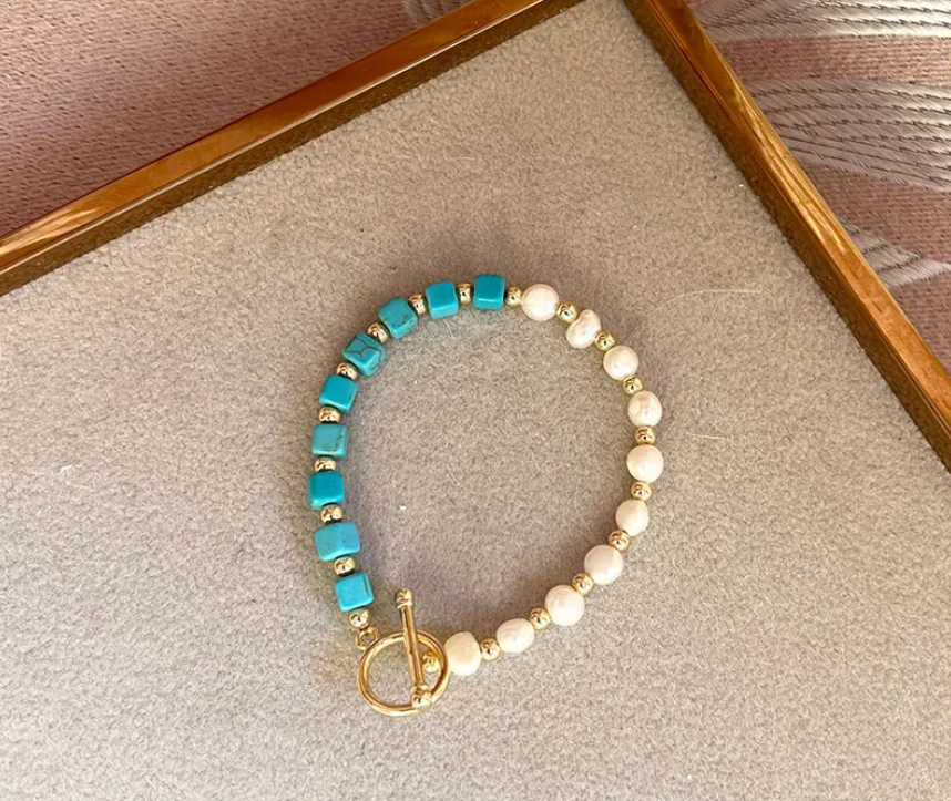 Jewelry Set Natural Freshwater Pearl Blue Turquoise Necklace Bracelet Earrings Copper Plated 14k Gold Accessories Jewelry