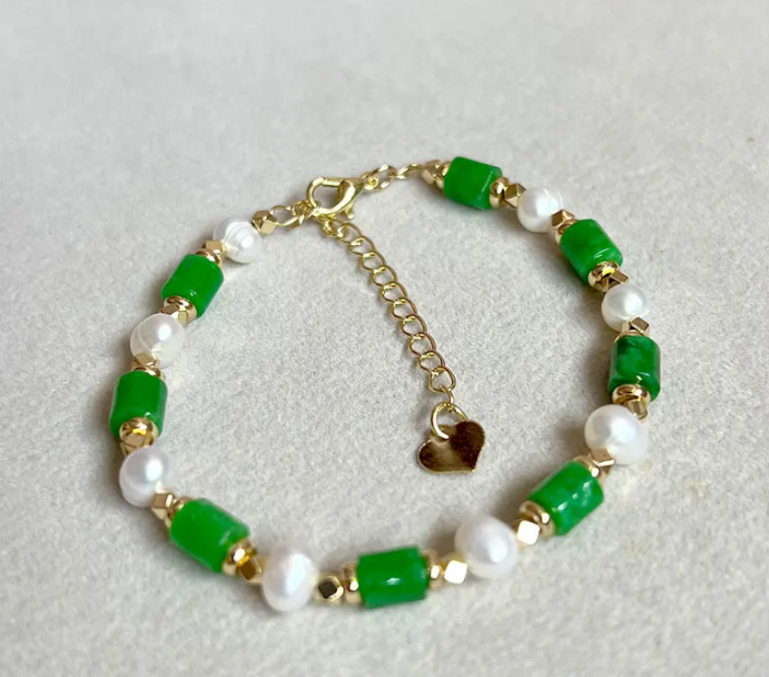 Vintage Dry Green Agate Natural Freshwater Pearl Necklace Bracelet Earringl Set