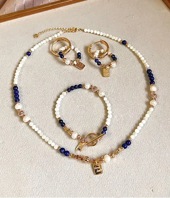 High Quality Exclusive Design Bracelet Necklace Earring Natural Freshwater Pearl Lapis Lazuli Shell Pearl Jewelry For Women