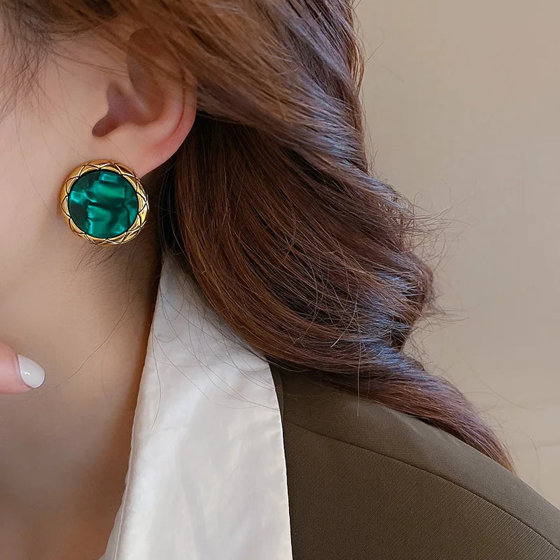 Metal Geometric Circular Square Green Ripples Acrylic Earring For Women Vintage Personality Stud Earrings Jewelry Gift