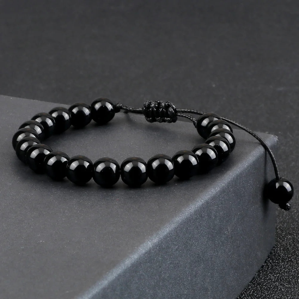 Beaded Bracelet Handmade 4 6 8mm Natural Stone Shiny Black Onyx Beads Bracelets & Bangles Adjustable Size Obsidian Wrist Jewelry