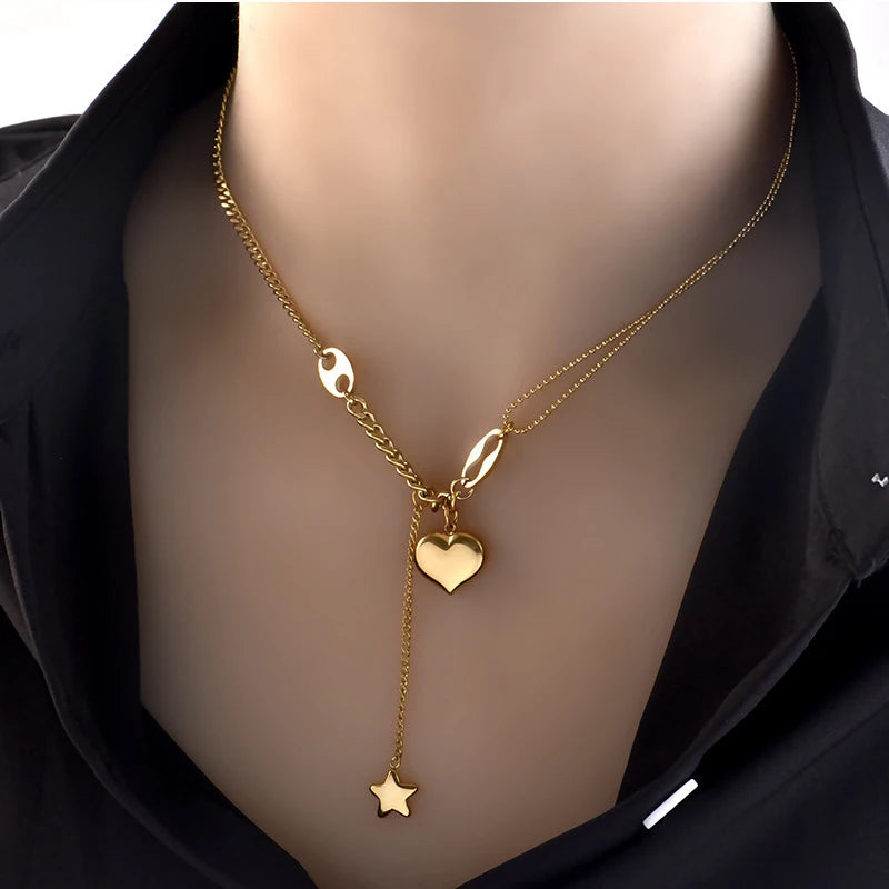 Stainless Steel Long Love Heart  Women Girls Necklaces&Pendant Star Hanging Chain Choker Sweet