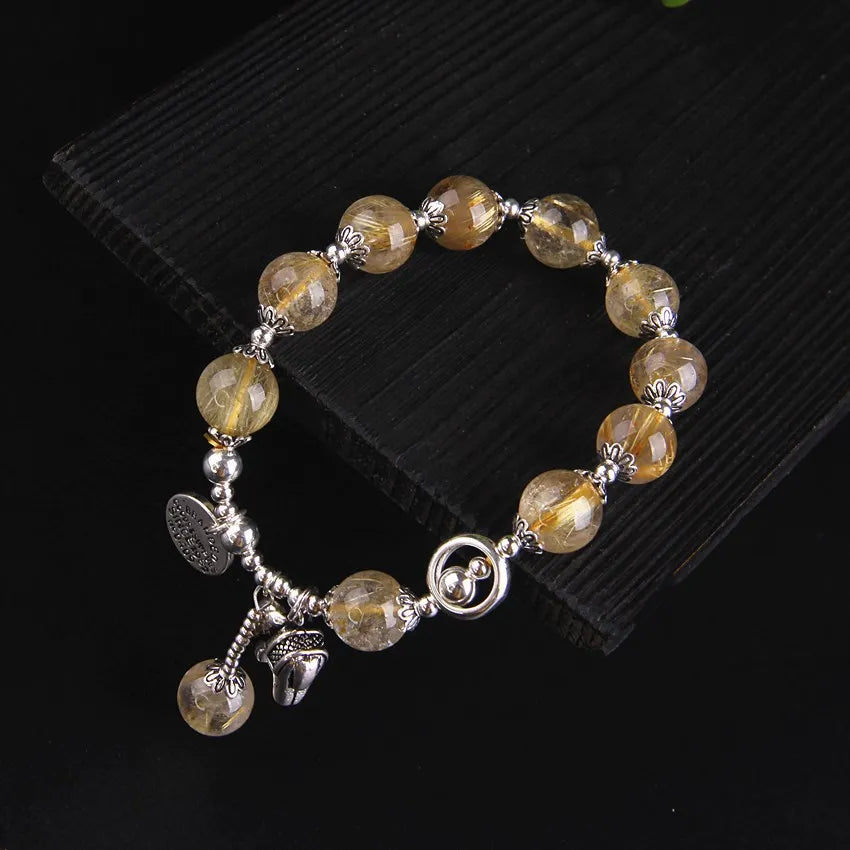 9mm Natural Stone Citrine Bead Bracelets Bangles  Copper Plated Platinum Elephant Pendant Lucky Bracelet For Women Fine Jewelry