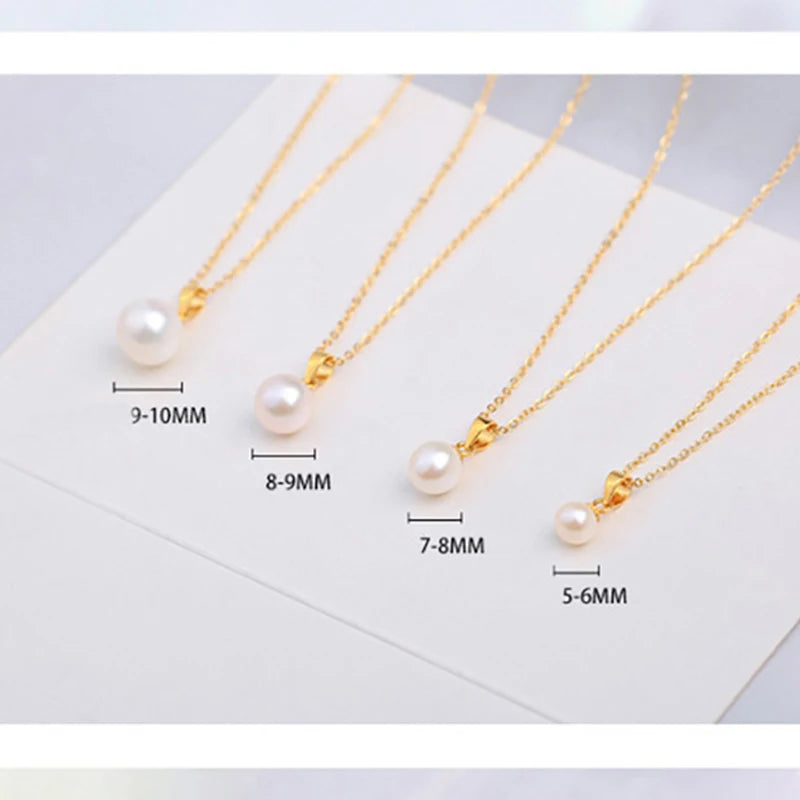 Real 18K Yellow Gold Necklace Pendant Round Natural Freshwater Pearl Pure AU750 Fine Jewelry for Women