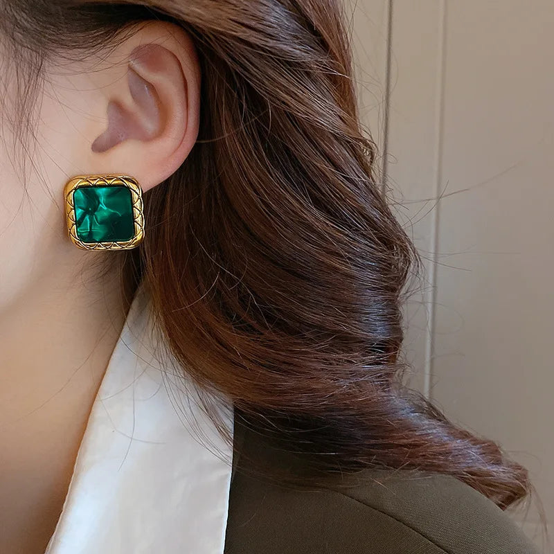 Metal Geometric Circular Square Green Ripples Acrylic Earring For Women Vintage Personality Stud Earrings Jewelry Gift