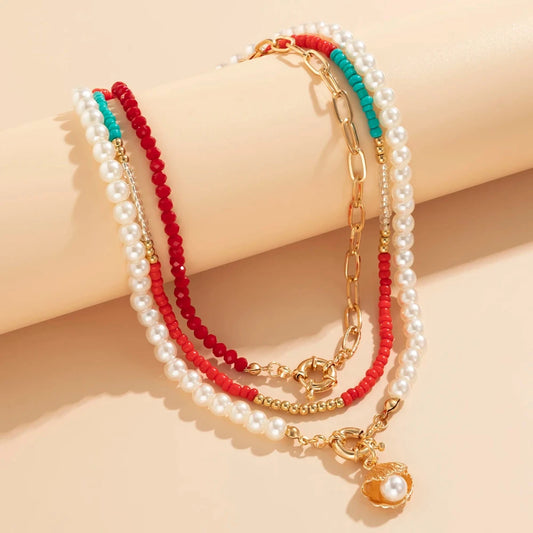 Women Red Color Crystal Beads Chain Choker Necklaces Multi Layered Imitation Pearl Pendant Necklaces Jewelry