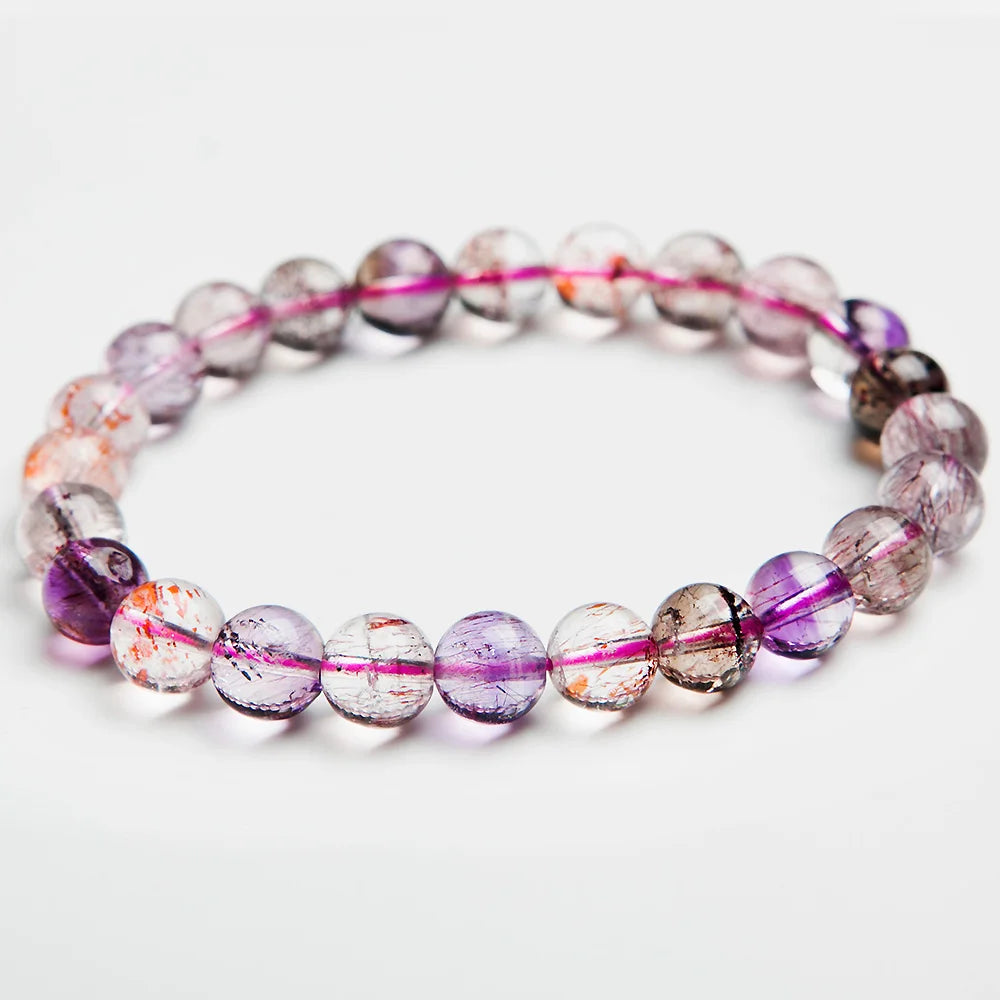 Natural Purple Super Seven Rutilated Quartz Beaded Bracelet – Gemstone Jewelry for Men and Women