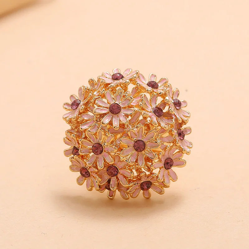 Romantic Pink Flower Rings for Women Bohemian Rhinestone Statement Ring Adjustable Female Bridal Wedding Beach Party Jewelry