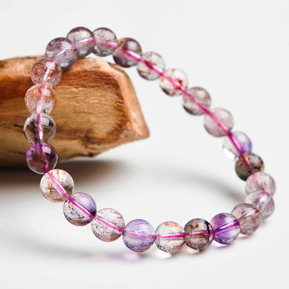 Natural Purple Super Seven Rutilated Quartz Beaded Bracelet – Gemstone Jewelry for Men and Women