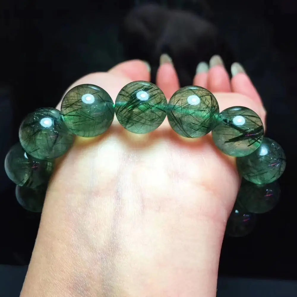 Natural Green Rutilated Quartz Bracelet Brazil Women Men Crystal Gemstone Green Rutilated Round Beads 12mm 13mm 11mm AAAAA