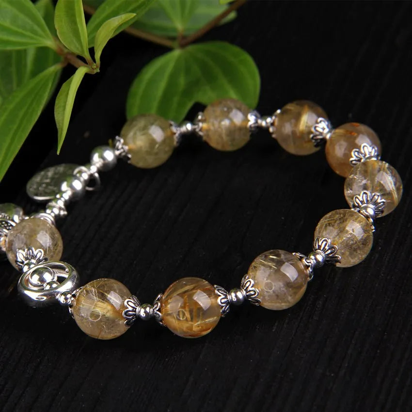 9mm Natural Stone Citrine Bead Bracelets Bangles  Copper Plated Platinum Elephant Pendant Lucky Bracelet For Women Fine Jewelry