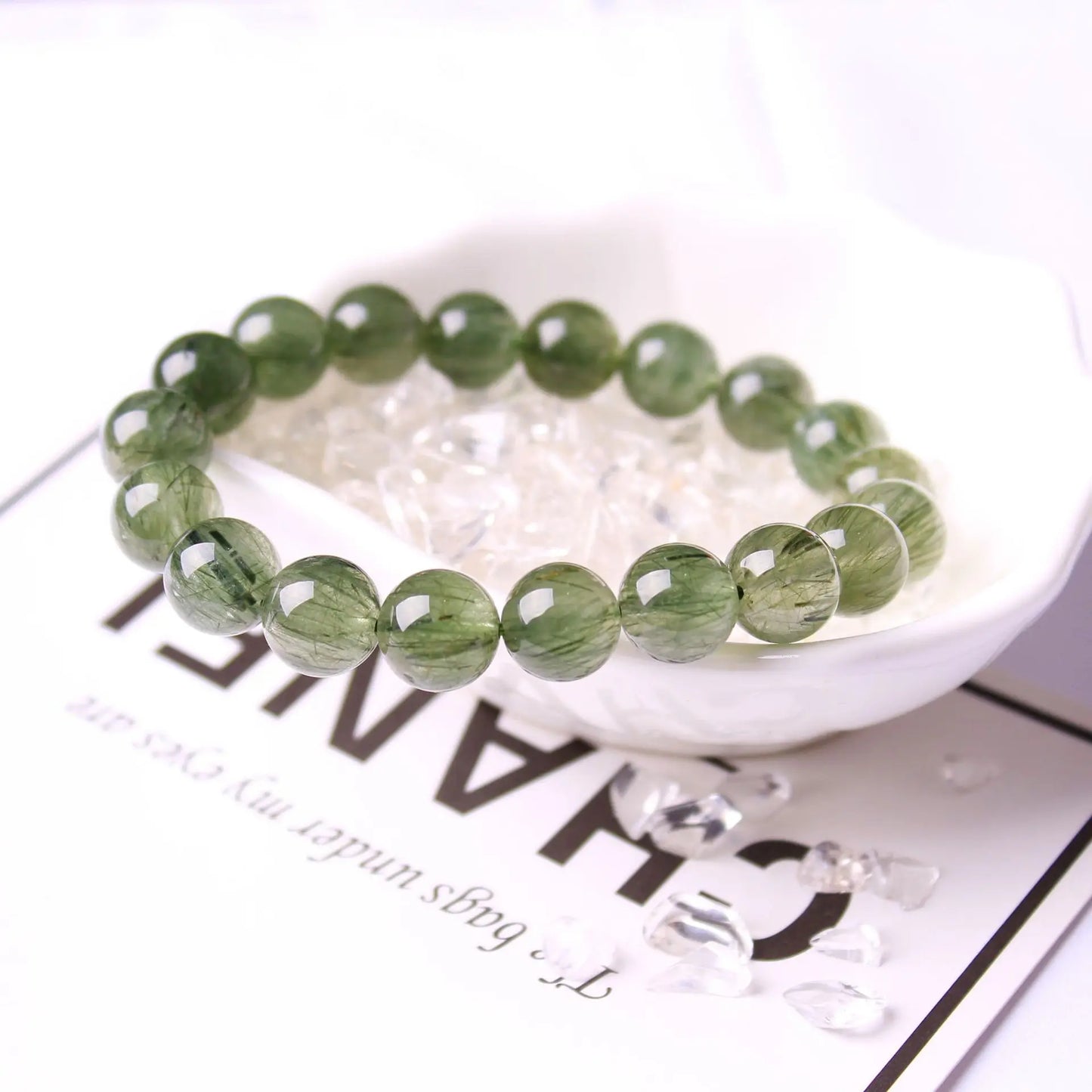 Natural Green Rutilated Quartz Clear Round Beads Bracelet Women Men Crystal Rutilated Quartz Crystal 8mm 10mm AAAAA