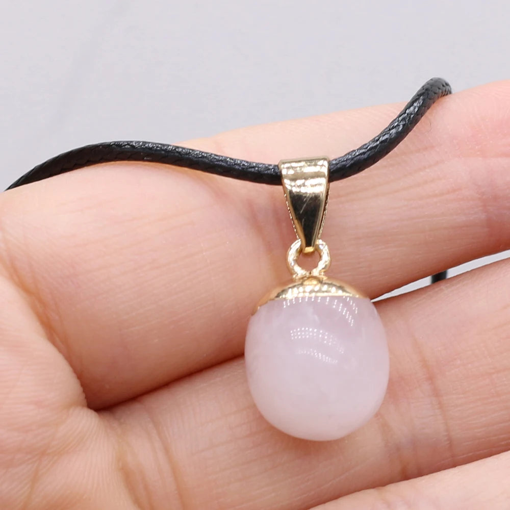 Natural Stone Rose Quarts Lapis Lazuli Pendant Necklace Small Bean Shape Wax Thread Charms Fashion Jewelry Necklaces for Women