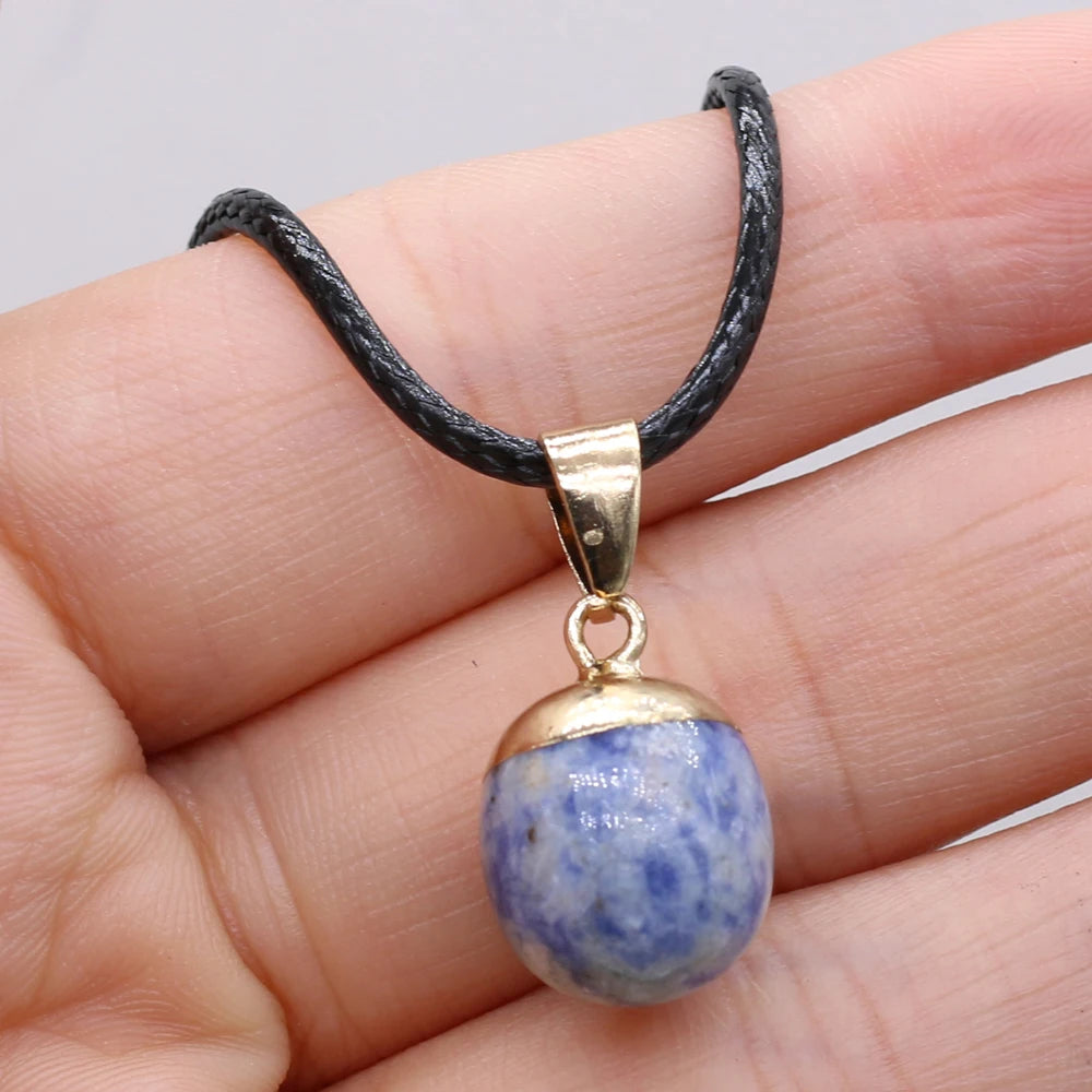 Natural Stone Rose Quarts Lapis Lazuli Pendant Necklace Small Bean Shape Wax Thread Charms Fashion Jewelry Necklaces for Women