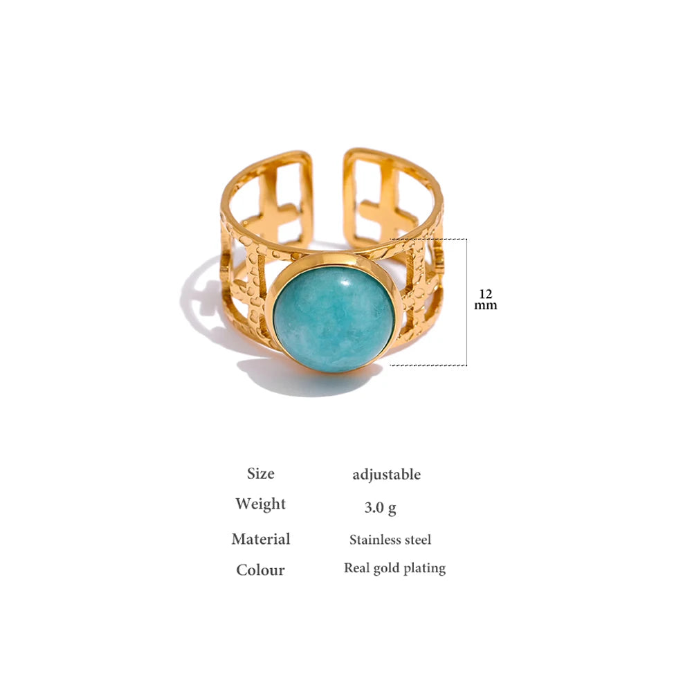 316L Stainless Steel Trendy Ring Simple Golden Metal Blue Stone Opening for Women  Wedding Gift Jewelry