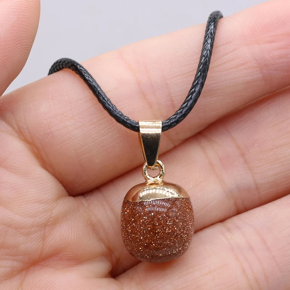 Natural Stone Rose Quarts Lapis Lazuli Pendant Necklace Small Bean Shape Wax Thread Charms Fashion Jewelry Necklaces for Women