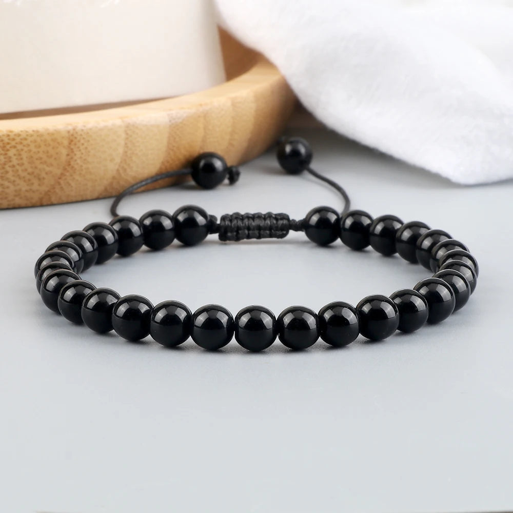 Beaded Bracelet Handmade 4 6 8mm Natural Stone Shiny Black Onyx Beads Bracelets & Bangles Adjustable Size Obsidian Wrist Jewelry