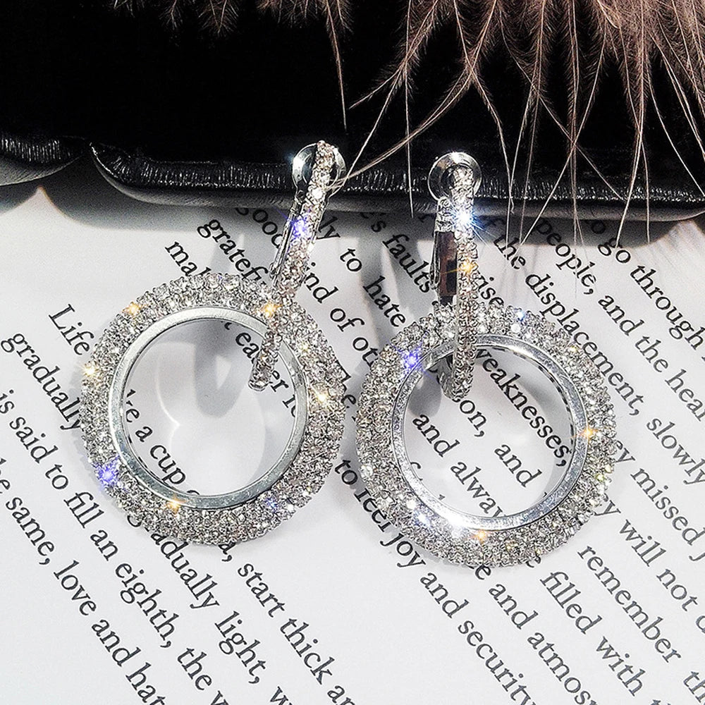 New Fashion Creative High-grade Elegant Crystal Round Gold Color Silver  Earrings for Woman Wedding Jewelry