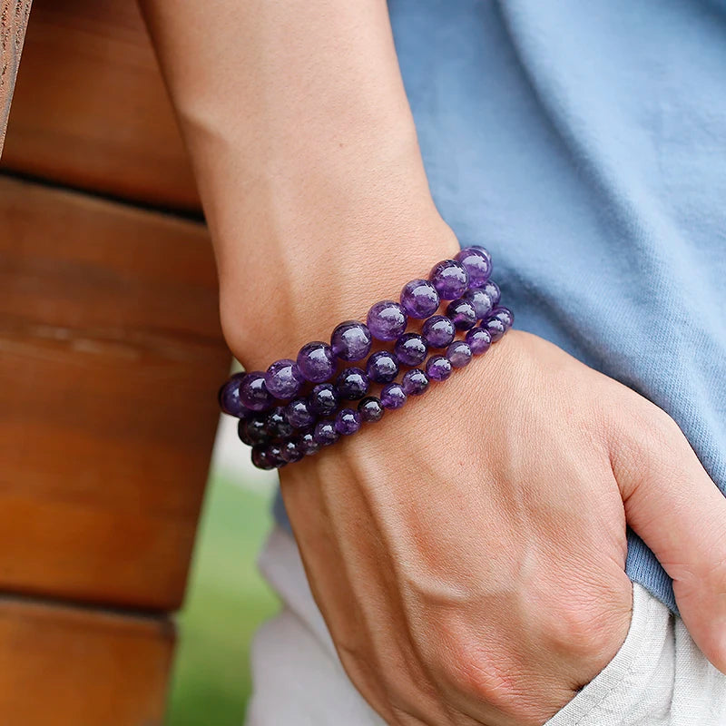 Natural Amethyst Bracelet Women Couple Natural Stone Bracelet Purple Quartz Bracelets 6 8 10mm Bead Bangles Jewelry Gifts