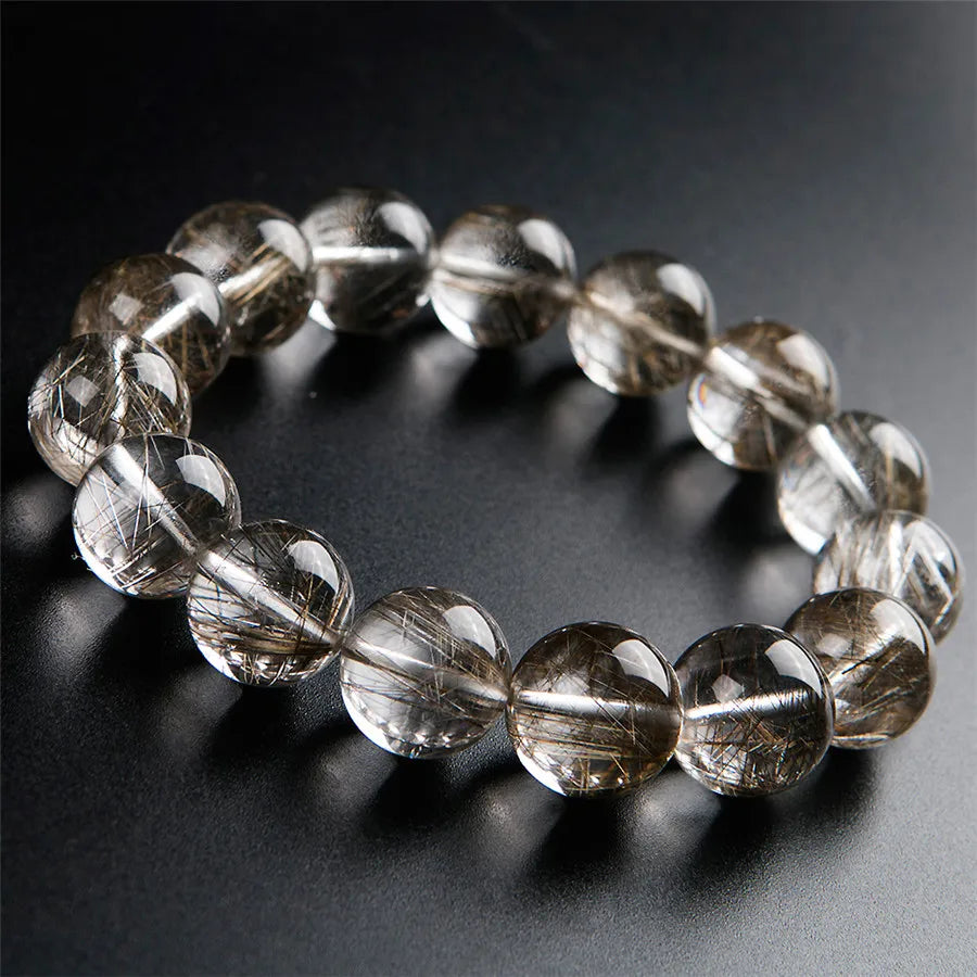 Natural Silver Rutilated Quartz Beaded Bracelet – Gemstone Jewelry for Men and Women