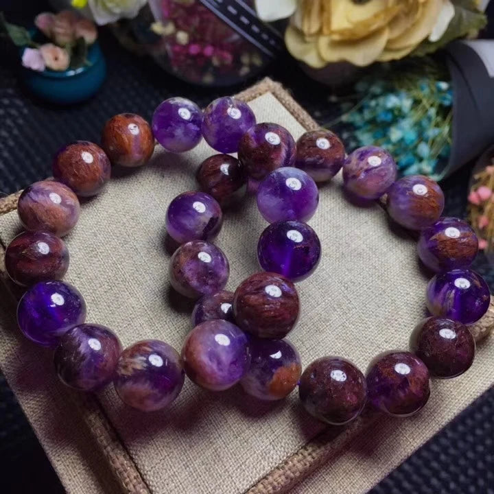 Genuine Natural Cacoxenite Quartz Purple Phantom Round Beads  Stretch Bracelet  Reiki Rare Stone AAAAA 1pc