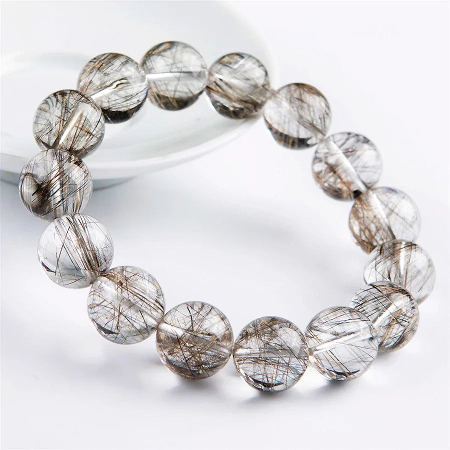 Natural Silver Rutilated Quartz Beaded Bracelet – Gemstone Jewelry for Men and Women