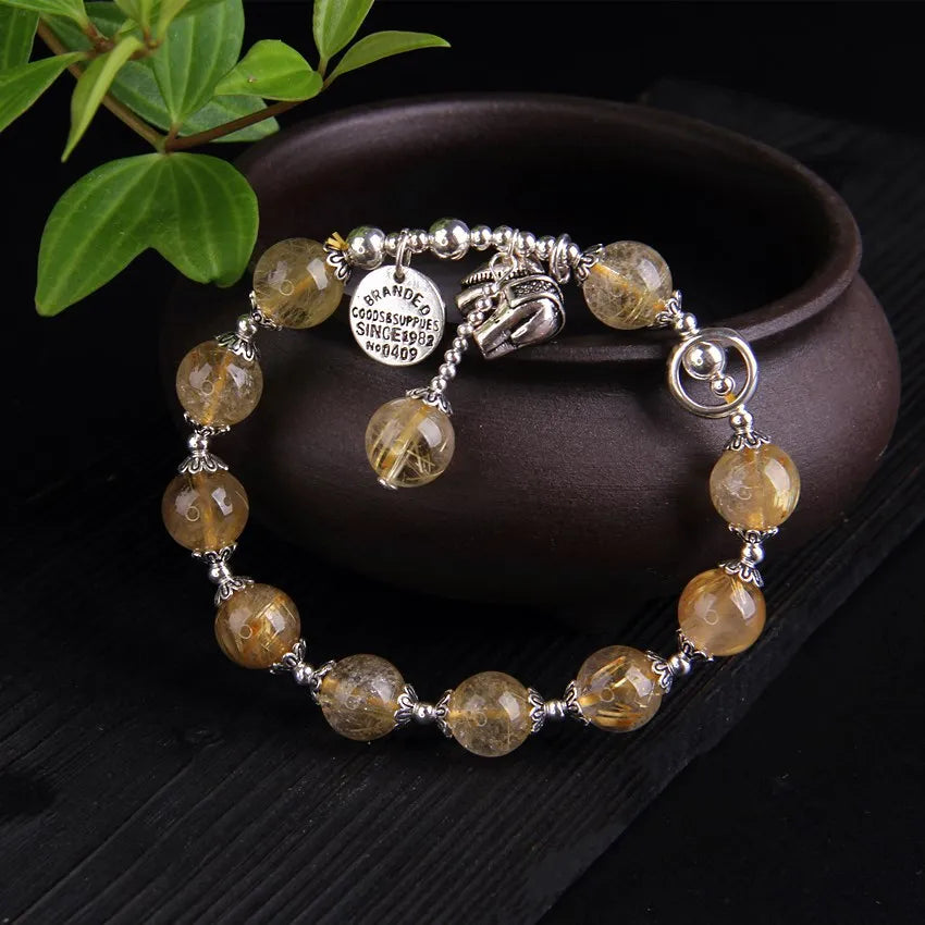 9mm Natural Stone Citrine Bead Bracelets Bangles  Copper Plated Platinum Elephant Pendant Lucky Bracelet For Women Fine Jewelry