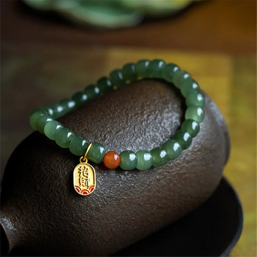 Natural Hetian Jade Bead Bracelet Women Buddha Beads With Red Agate Chinese Style Pendant Handmade Simple Fashion Luxury Jewelry