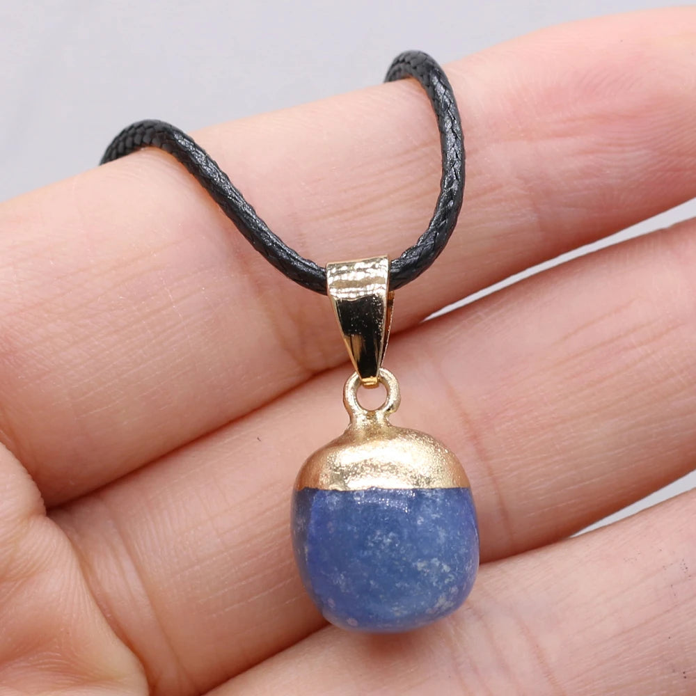 Natural Stone Rose Quarts Lapis Lazuli Pendant Necklace Small Bean Shape Wax Thread Charms Fashion Jewelry Necklaces for Women