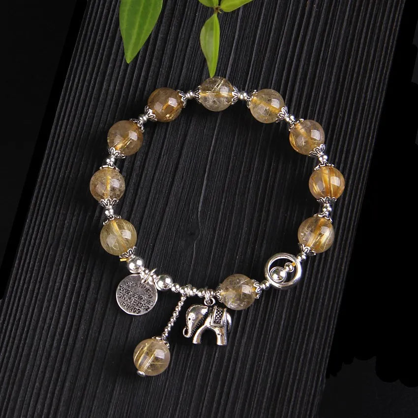 9mm Natural Stone Citrine Bead Bracelets Bangles  Copper Plated Platinum Elephant Pendant Lucky Bracelet For Women Fine Jewelry