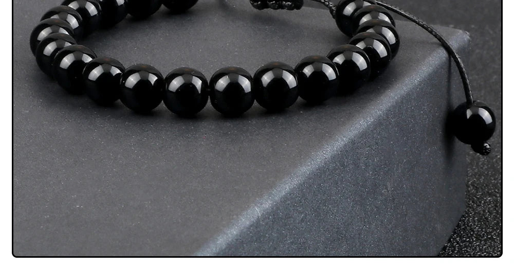 Beaded Bracelet Handmade 4 6 8mm Natural Stone Shiny Black Onyx Beads Bracelets & Bangles Adjustable Size Obsidian Wrist Jewelry