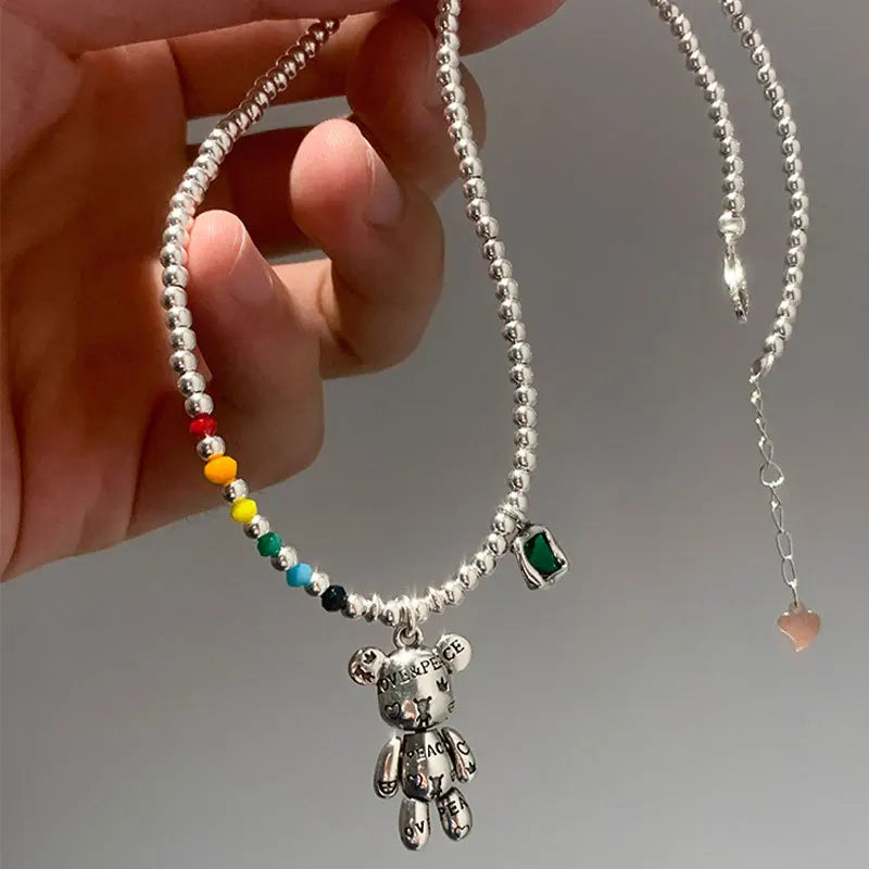 Necklace Bracelet Jewelry Trend Simple String of Beads Design Bear Zircon Pendant Party Jewelry