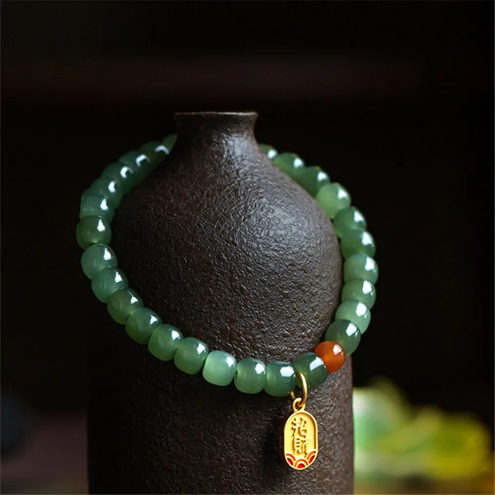 Natural Hetian Jade Bead Bracelet Women Buddha Beads With Red Agate Chinese Style Pendant Handmade Simple Fashion Luxury Jewelry