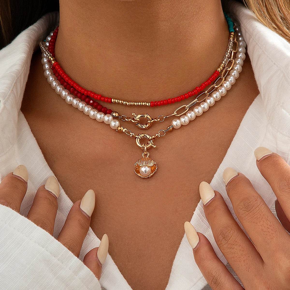 Women Red Color Crystal Beads Chain Choker Necklaces Multi Layered Imitation Pearl Pendant Necklaces Jewelry