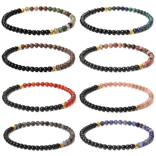 4mm Mini Natural Stone Bracelets For Women Men Rhodonite Sodalite Red Agat Black Onyx Gold Color Beads Bracelet