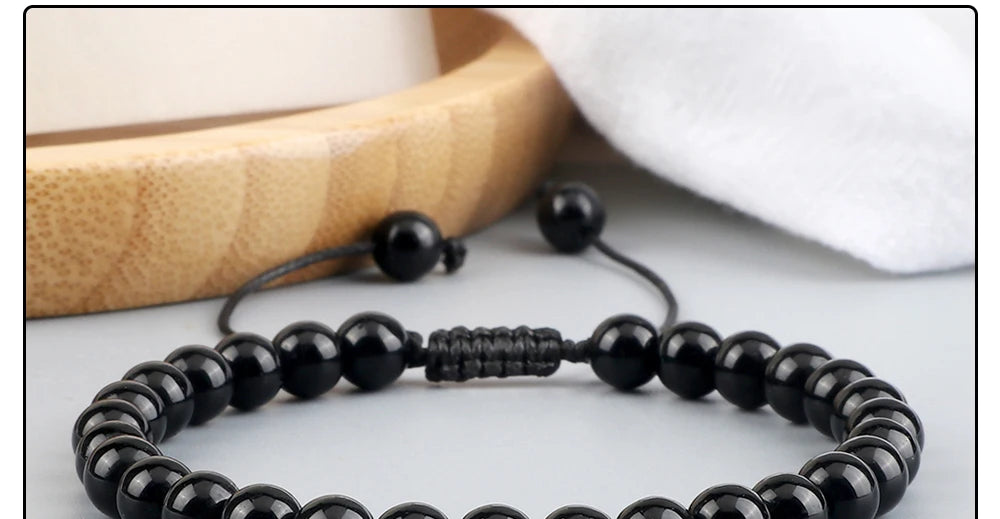 Beaded Bracelet Handmade 4 6 8mm Natural Stone Shiny Black Onyx Beads Bracelets & Bangles Adjustable Size Obsidian Wrist Jewelry