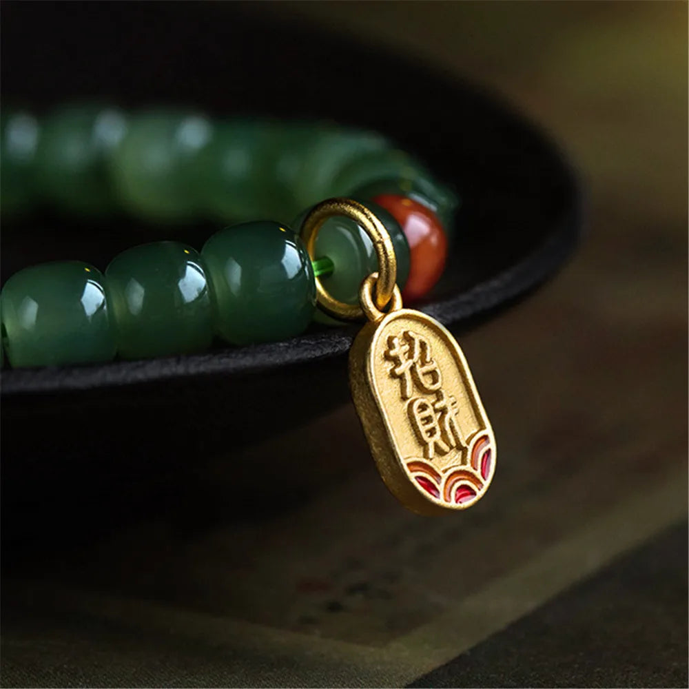 Natural Hetian Jade Bead Bracelet Women Buddha Beads With Red Agate Chinese Style Pendant Handmade Simple Fashion Luxury Jewelry