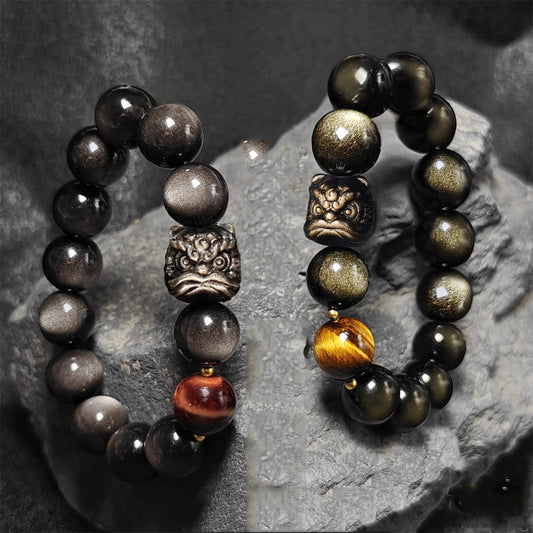 Lion Guardian Obsidian Bracelet with Tiger’s Eye & Dragon Crystal | Men’s Protection Beaded Jewelry