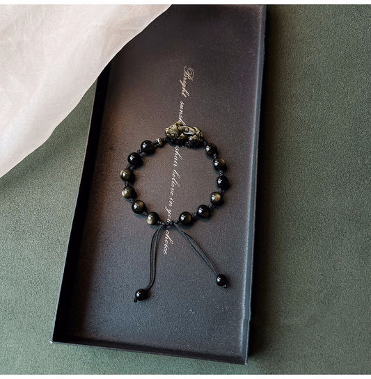 Natural Black Obsidian Bead Bracelet with Adjustable Braided Cord – Unisex Jewelry Gift