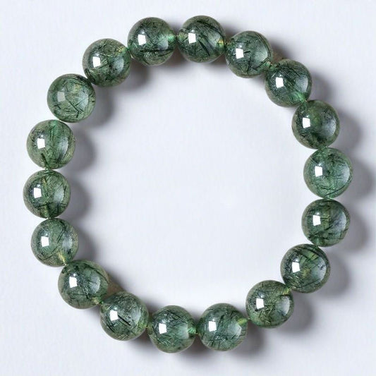 Natural Green Rutilated Quartz Bead Bracelet, 6mm/8mm/10mm, Unisex Jewelry Gift