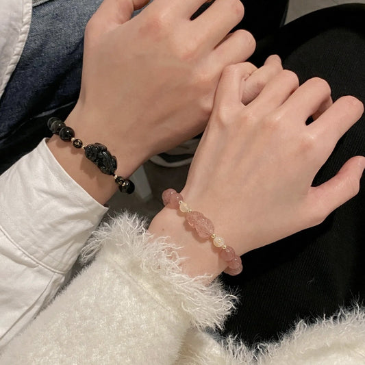 Couple Crystal Bracelets – Natural Obsidian & Rose Quartz Matching Set for Him & Her